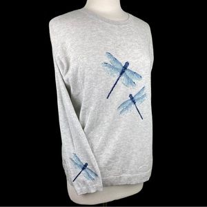 J Jill Sweater Dragonfly Graphics Pullover Gray Long Sleeves Oversized Medium